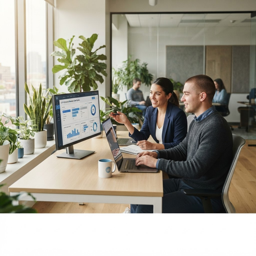 A sales team collaborating over customer emails at a laptop